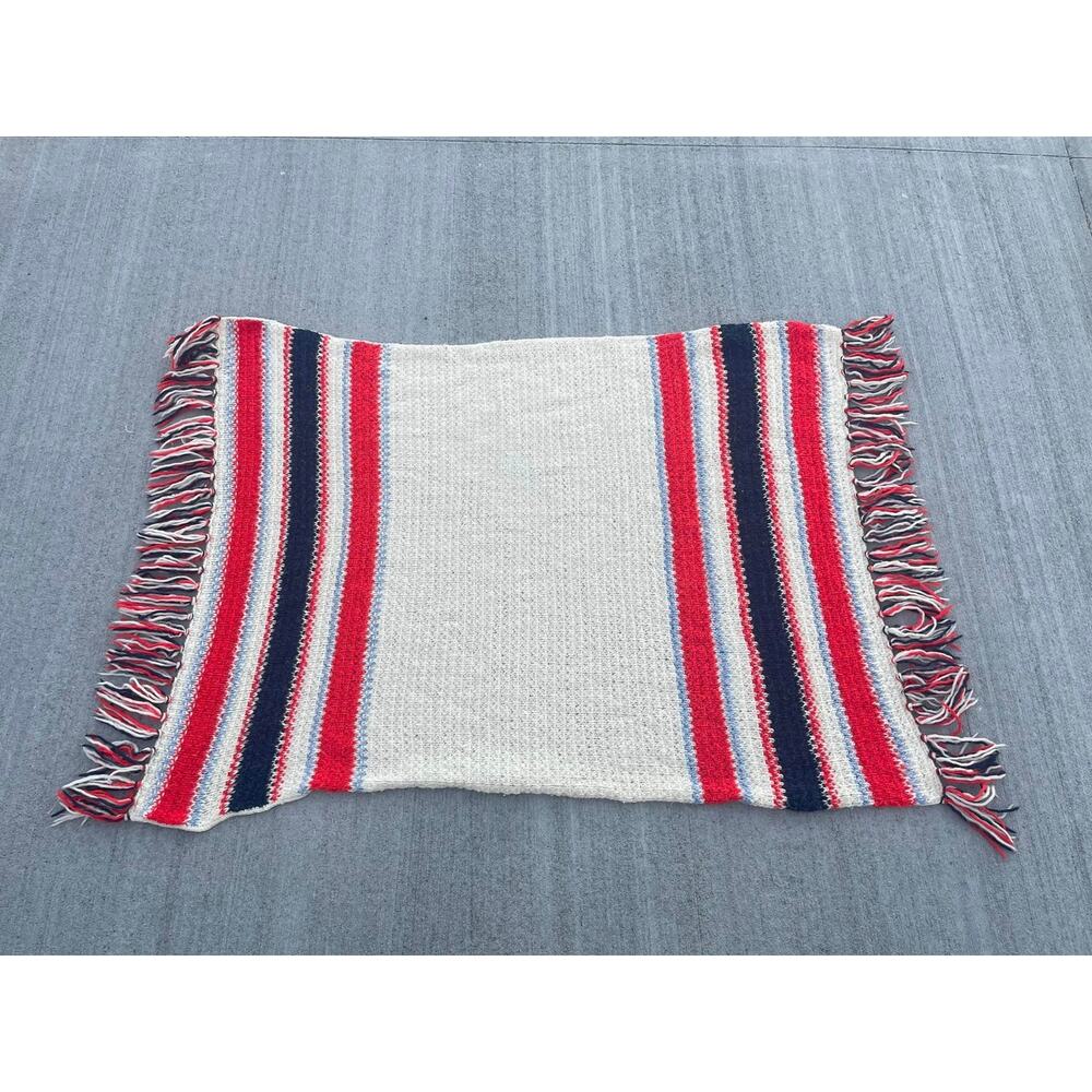 Vintage Handmade Crochet Afghan Striped Red White Blue Nautical Fringe‎ Retro